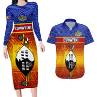 Eswatini Independence Day Couples Matching Long Sleeve Bodycon Dress and Hawaiian Shirt Swaziland Nguni Shield Gradient African Pattern - Wonder Print Shop