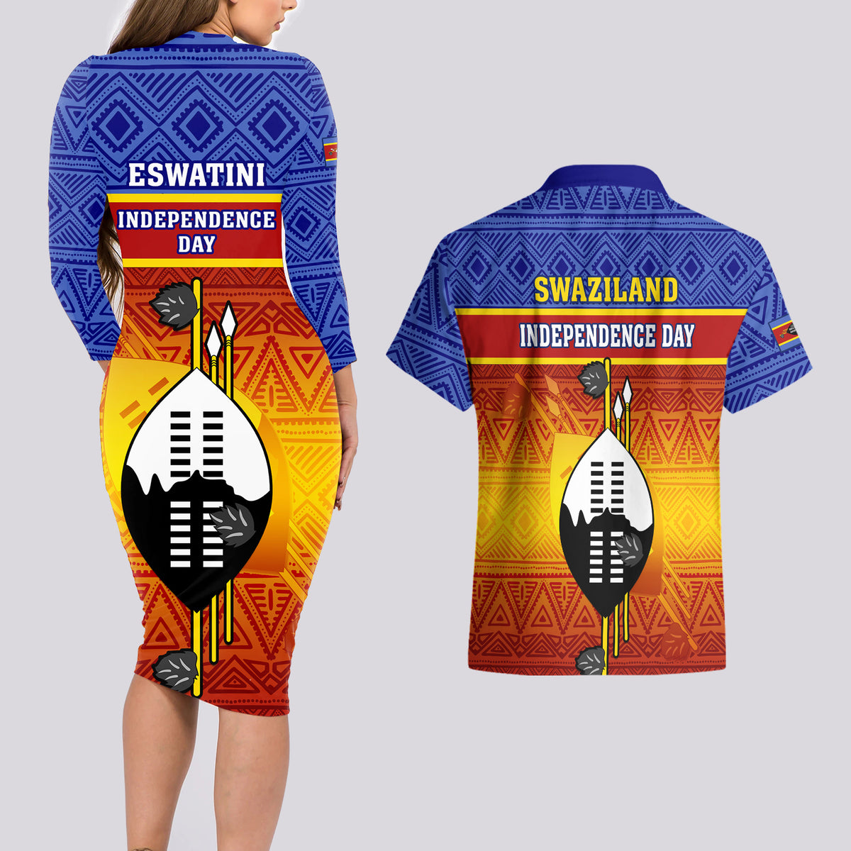 Eswatini Independence Day Couples Matching Long Sleeve Bodycon Dress and Hawaiian Shirt Swaziland Nguni Shield Gradient African Pattern - Wonder Print Shop