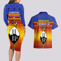 Eswatini Independence Day Couples Matching Long Sleeve Bodycon Dress and Hawaiian Shirt Swaziland Nguni Shield Gradient African Pattern - Wonder Print Shop