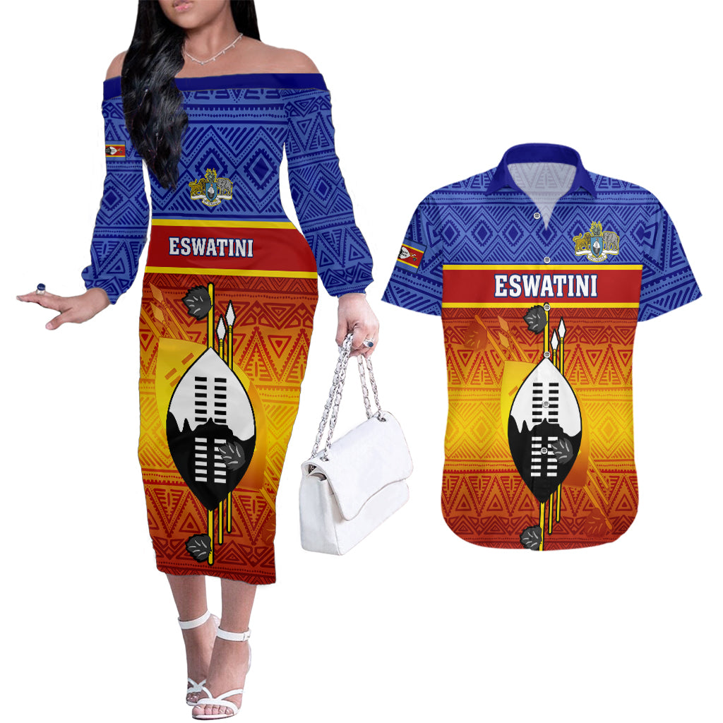Eswatini Independence Day Couples Matching Off The Shoulder Long Sleeve Dress and Hawaiian Shirt Swaziland Nguni Shield Gradient African Pattern - Wonder Print Shop