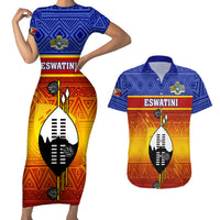 Eswatini Independence Day Couples Matching Short Sleeve Bodycon Dress and Hawaiian Shirt Swaziland Nguni Shield Gradient African Pattern - Wonder Print Shop