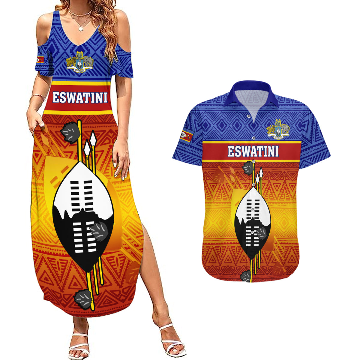 Eswatini Independence Day Couples Matching Summer Maxi Dress and Hawaiian Shirt Swaziland Nguni Shield Gradient African Pattern - Wonder Print Shop