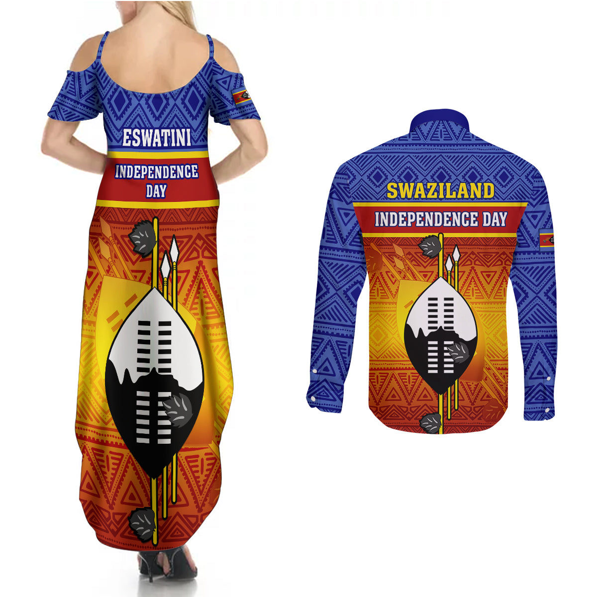 Eswatini Independence Day Couples Matching Summer Maxi Dress and Long Sleeve Button Shirts Swaziland Nguni Shield Gradient African Pattern - Wonder Print Shop