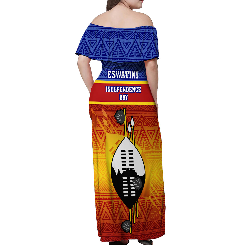 Eswatini Independence Day Off Shoulder Maxi Dress Swaziland Nguni Shield Gradient African Pattern - Wonder Print Shop