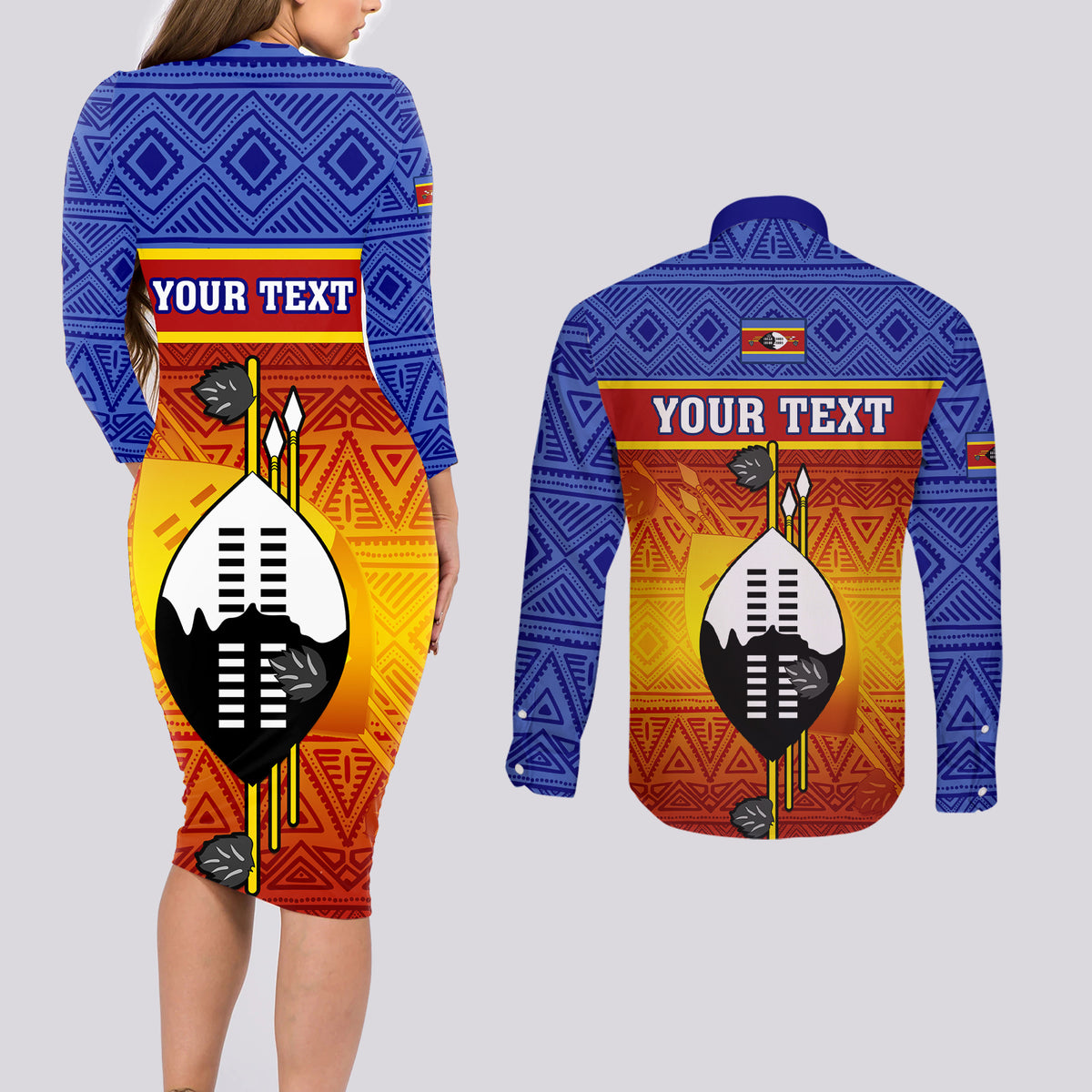 Personalised Eswatini Independence Day Couples Matching Long Sleeve Bodycon Dress and Long Sleeve Button Shirts Swaziland Nguni Shield Gradient African Pattern - Wonder Print Shop