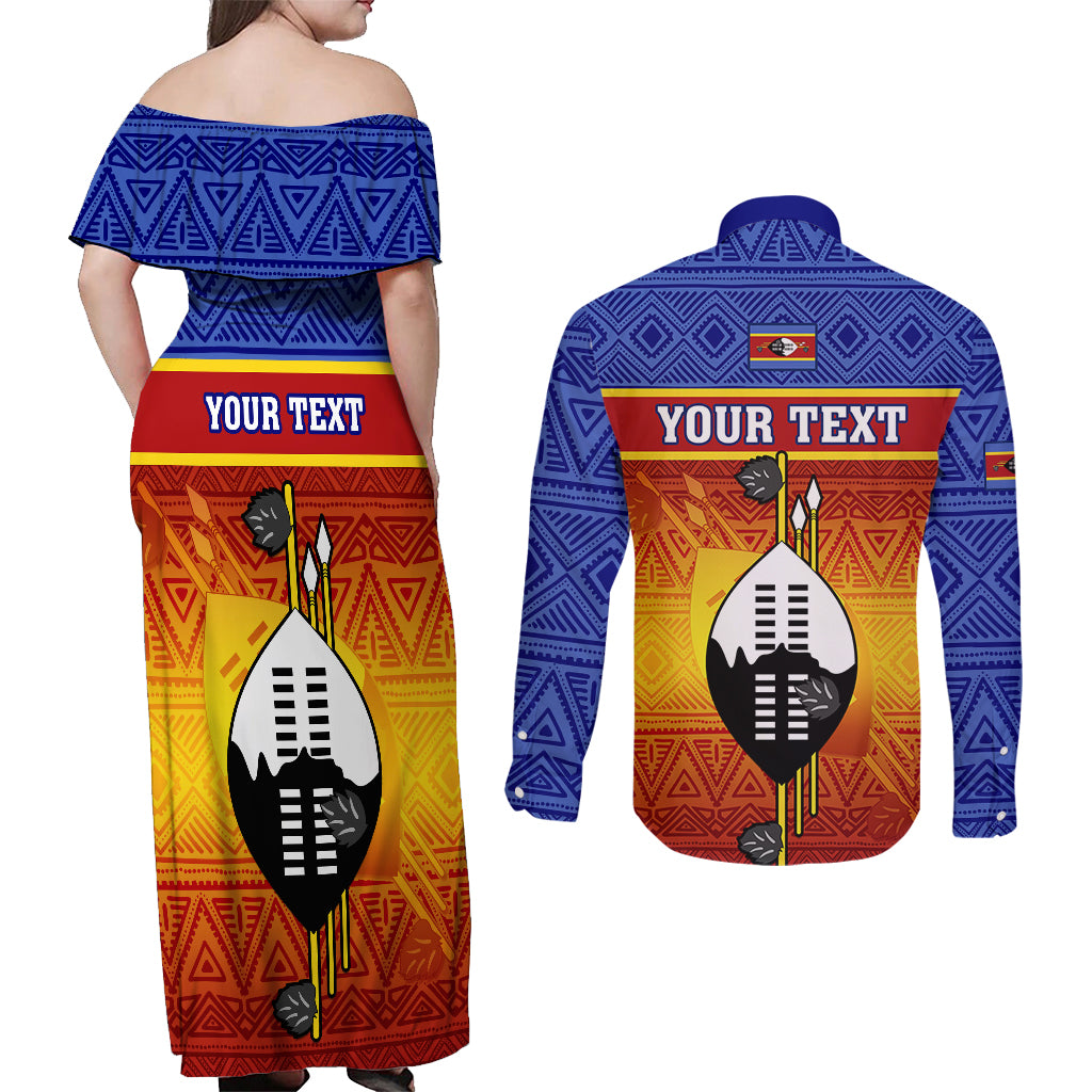 Personalised Eswatini Independence Day Couples Matching Off Shoulder Maxi Dress and Long Sleeve Button Shirts Swaziland Nguni Shield Gradient African Pattern - Wonder Print Shop