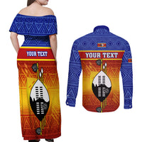 Personalised Eswatini Independence Day Couples Matching Off Shoulder Maxi Dress and Long Sleeve Button Shirts Swaziland Nguni Shield Gradient African Pattern - Wonder Print Shop