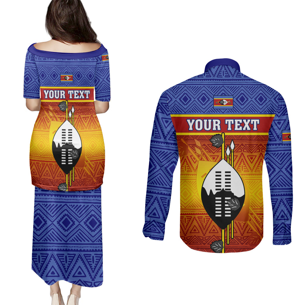 Personalised Eswatini Independence Day Couples Matching Puletasi Dress and Long Sleeve Button Shirts Swaziland Nguni Shield Gradient African Pattern - Wonder Print Shop