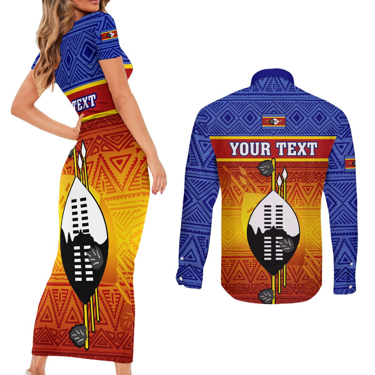 Personalised Eswatini Independence Day Couples Matching Short Sleeve Bodycon Dress and Long Sleeve Button Shirts Swaziland Nguni Shield Gradient African Pattern - Wonder Print Shop