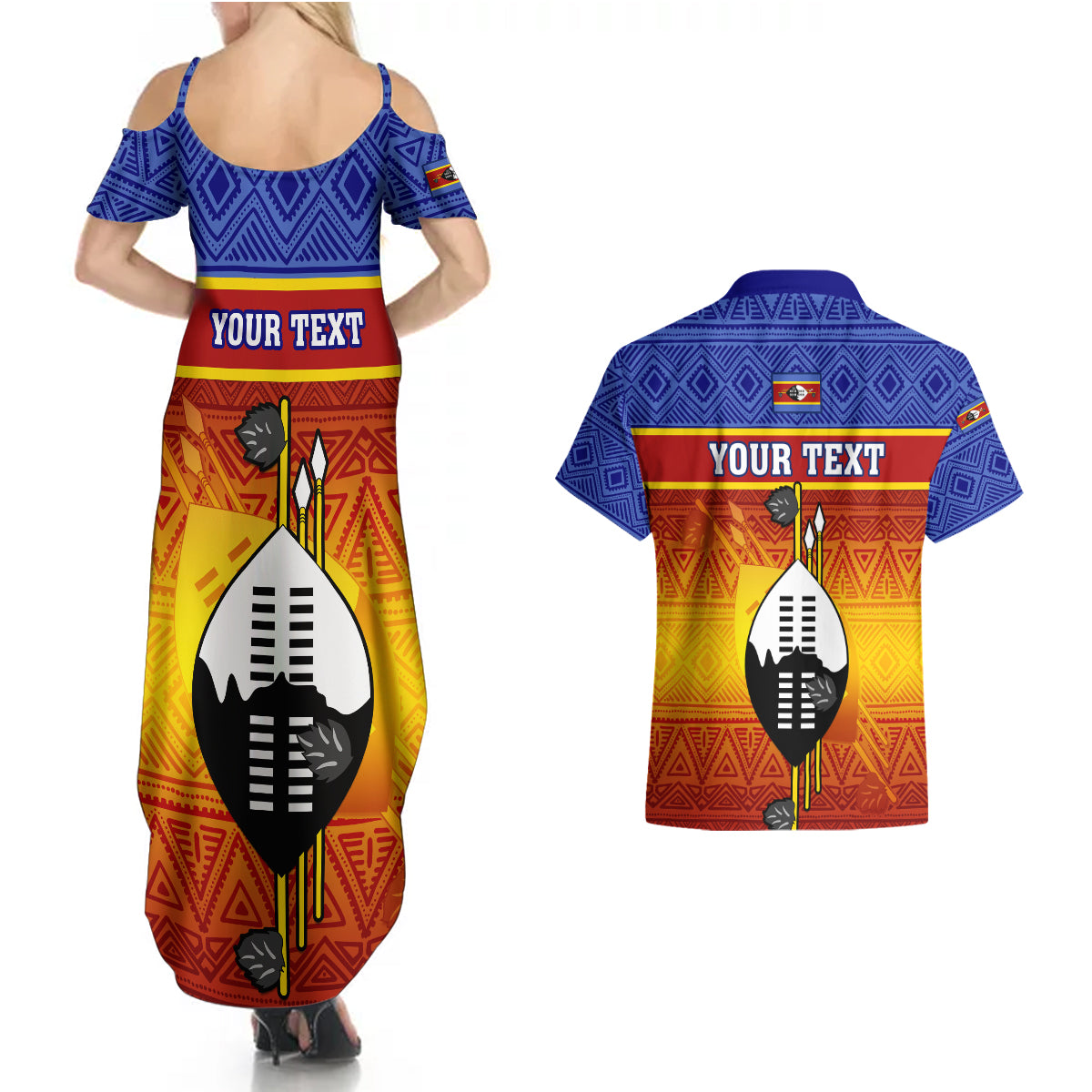 Personalised Eswatini Independence Day Couples Matching Summer Maxi Dress and Hawaiian Shirt Swaziland Nguni Shield Gradient African Pattern - Wonder Print Shop