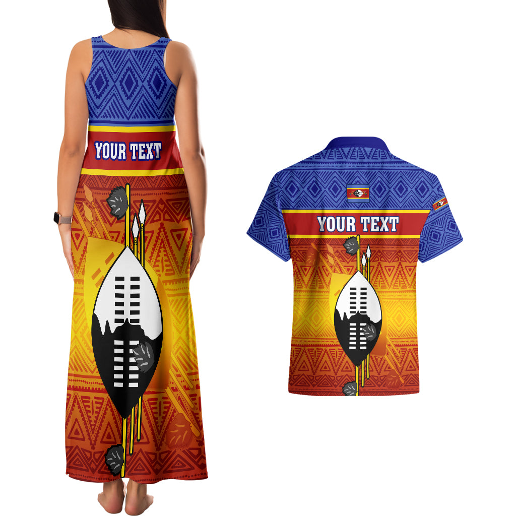 Personalised Eswatini Independence Day Couples Matching Tank Maxi Dress and Hawaiian Shirt Swaziland Nguni Shield Gradient African Pattern - Wonder Print Shop