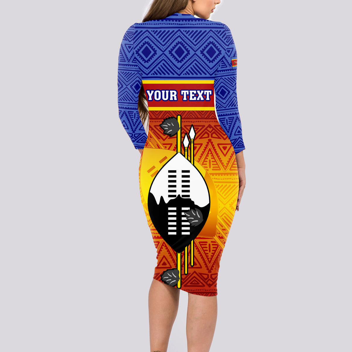 Personalised Eswatini Independence Day Long Sleeve Bodycon Dress Swaziland Nguni Shield Gradient African Pattern - Wonder Print Shop