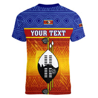 Personalised Eswatini Independence Day Women V Neck T Shirt Swaziland Nguni Shield Gradient African Pattern - Wonder Print Shop