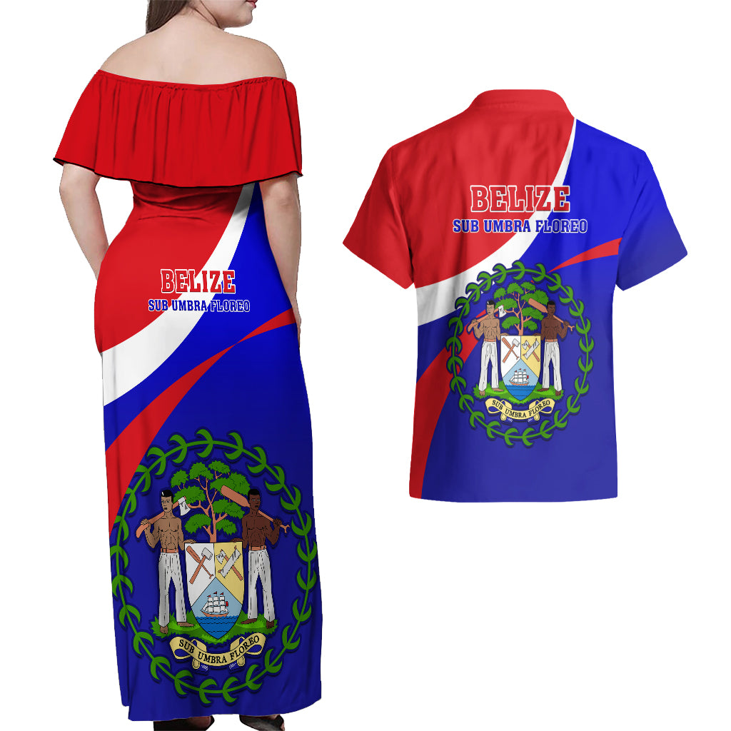 Belize Independence Day Couples Matching Off Shoulder Maxi Dress and Hawaiian Shirt Coat Of Arms Curve Style - Wonder Print Shop