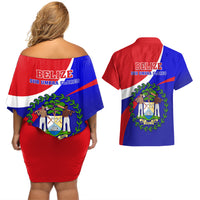 Belize Independence Day Couples Matching Off Shoulder Short Dress and Hawaiian Shirt Coat Of Arms Curve Style - Wonder Print Shop