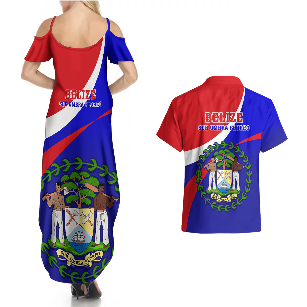 Belize Independence Day Couples Matching Summer Maxi Dress and Hawaiian Shirt Coat Of Arms Curve Style - Wonder Print Shop