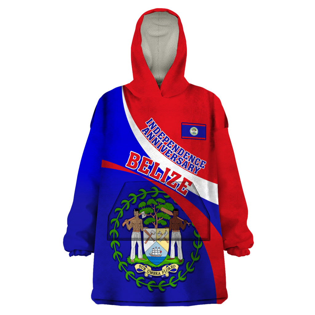 Belize Independence Day Wearable Blanket Hoodie Coat Of Arms Curve Style - Wonder Print Shop