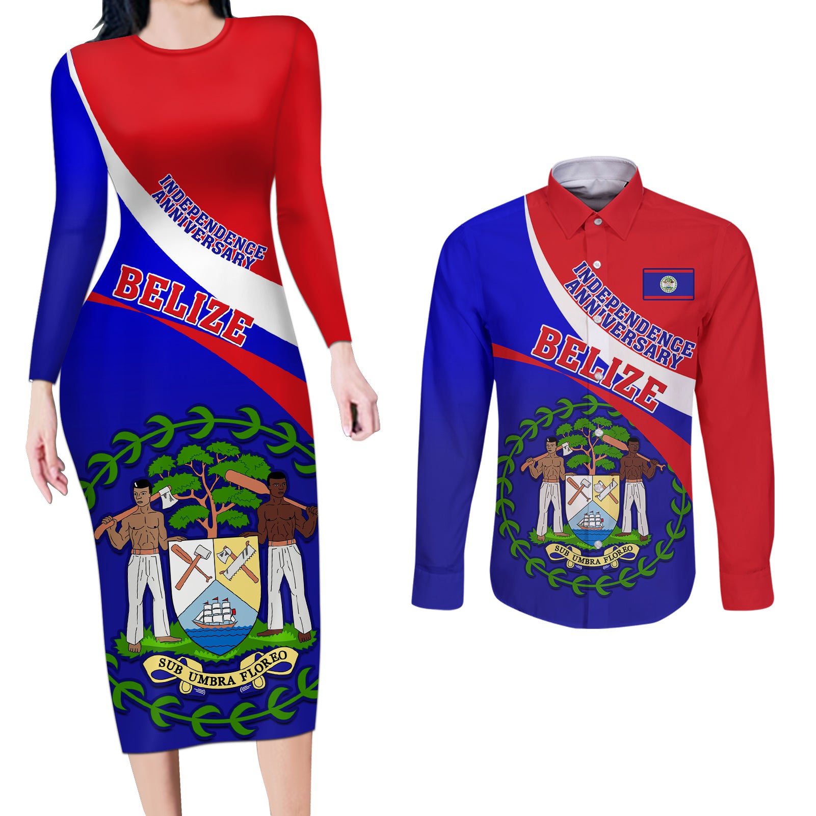 personalised-belize-independence-day-couples-matching-long-sleeve-bodycon-dress-and-long-sleeve-button-shirts-coat-of-arms-curve-style