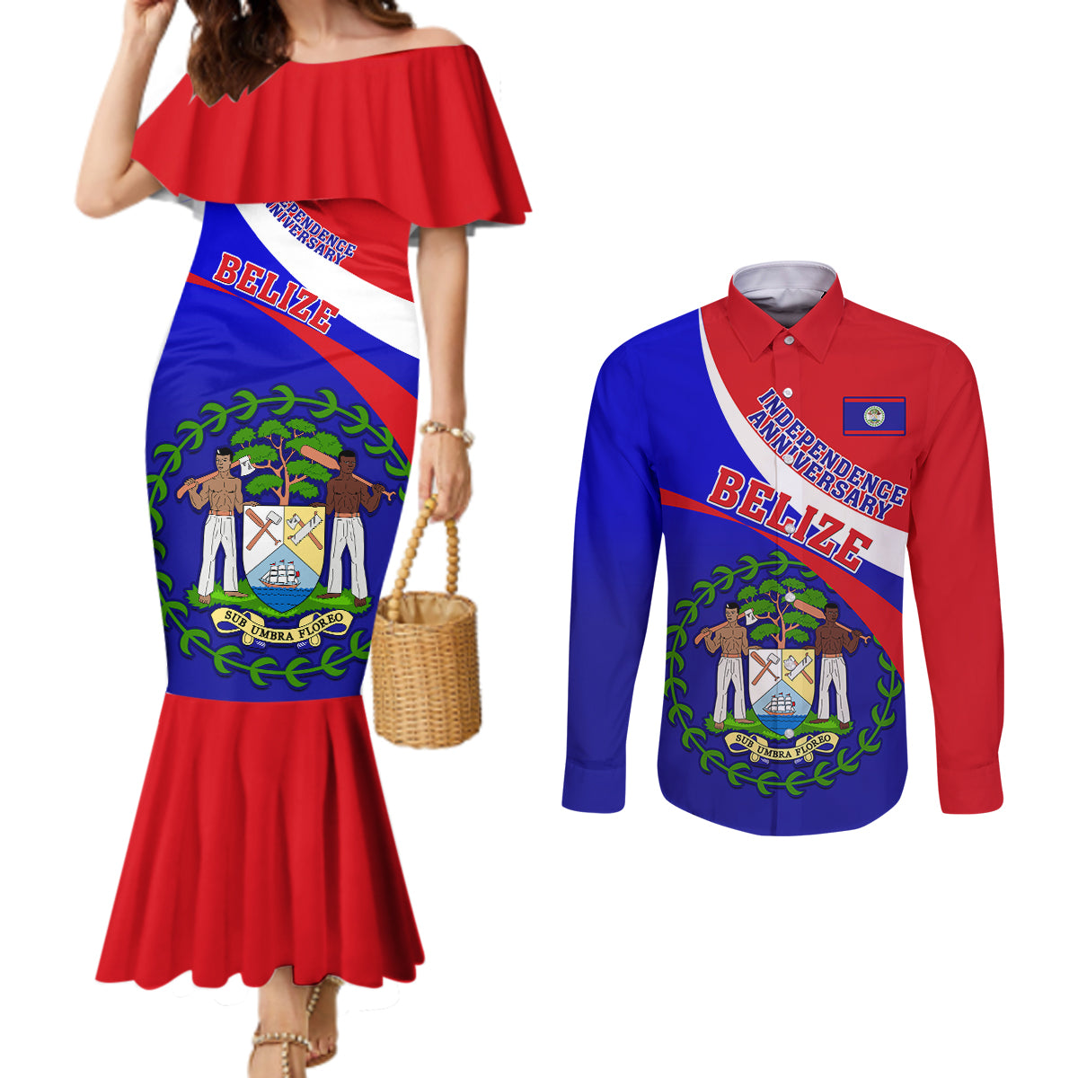 personalised-belize-independence-day-couples-matching-mermaid-dress-and-long-sleeve-button-shirts-coat-of-arms-curve-style