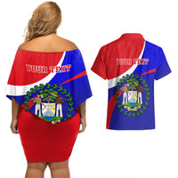 Personalised Belize Independence Day Couples Matching Off Shoulder Short Dress and Hawaiian Shirt Coat Of Arms Curve Style - Wonder Print Shop