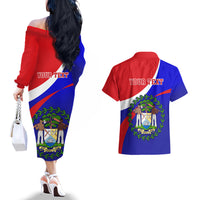 Personalised Belize Independence Day Couples Matching Off The Shoulder Long Sleeve Dress and Hawaiian Shirt Coat Of Arms Curve Style - Wonder Print Shop