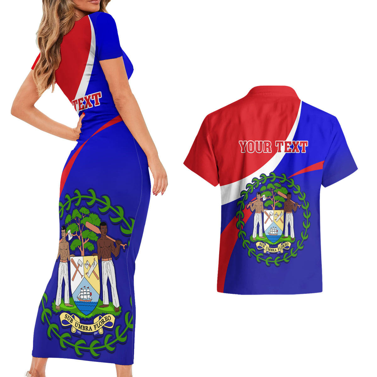 Personalised Belize Independence Day Couples Matching Short Sleeve Bodycon Dress and Hawaiian Shirt Coat Of Arms Curve Style - Wonder Print Shop