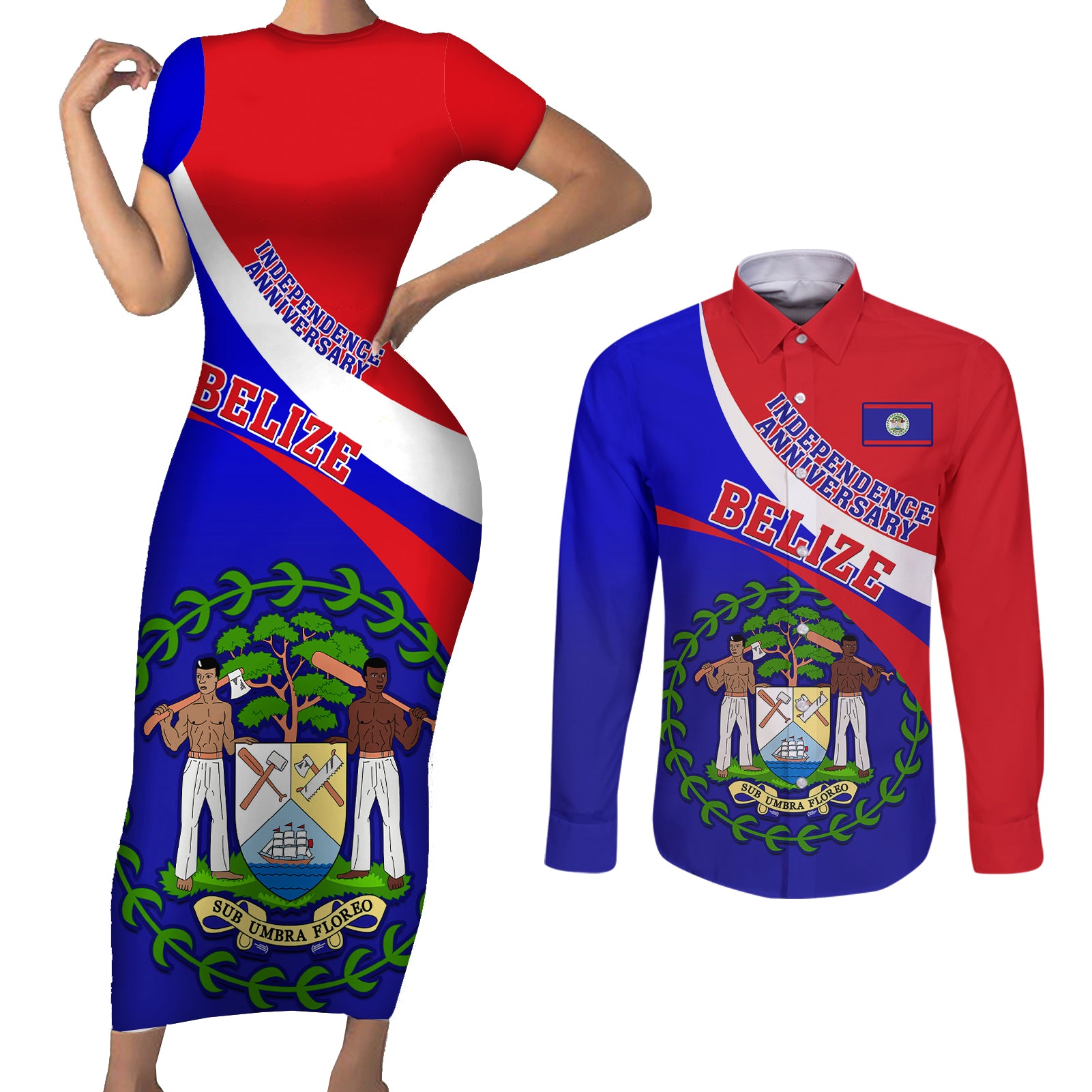 personalised-belize-independence-day-couples-matching-short-sleeve-bodycon-dress-and-long-sleeve-button-shirts-coat-of-arms-curve-style