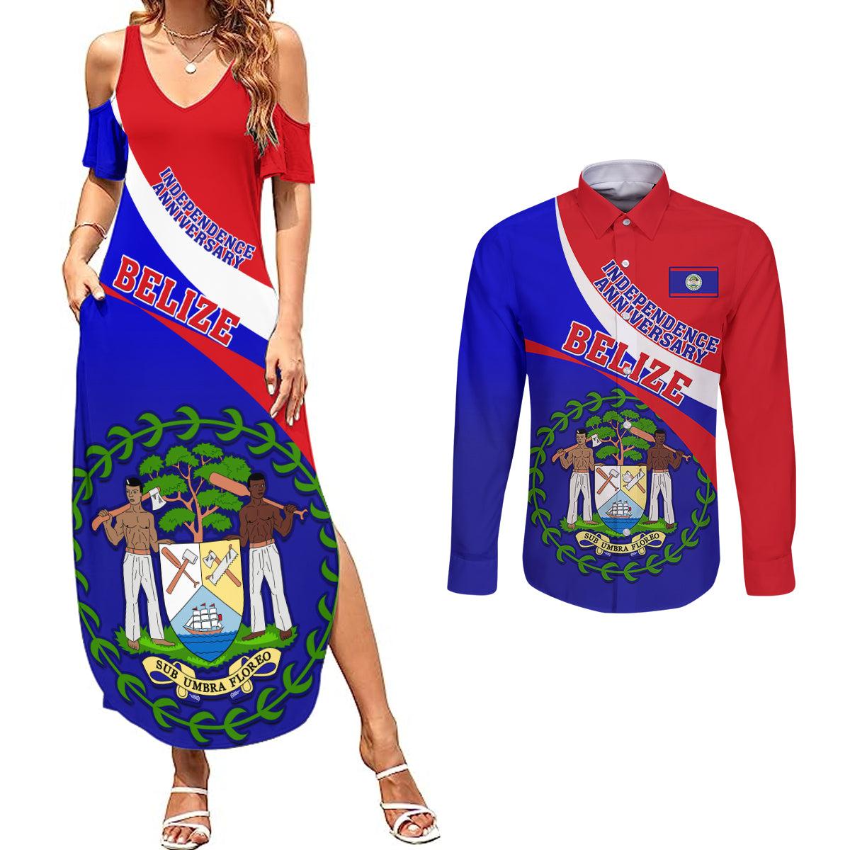 personalised-belize-independence-day-couples-matching-summer-maxi-dress-and-long-sleeve-button-shirts-coat-of-arms-curve-style