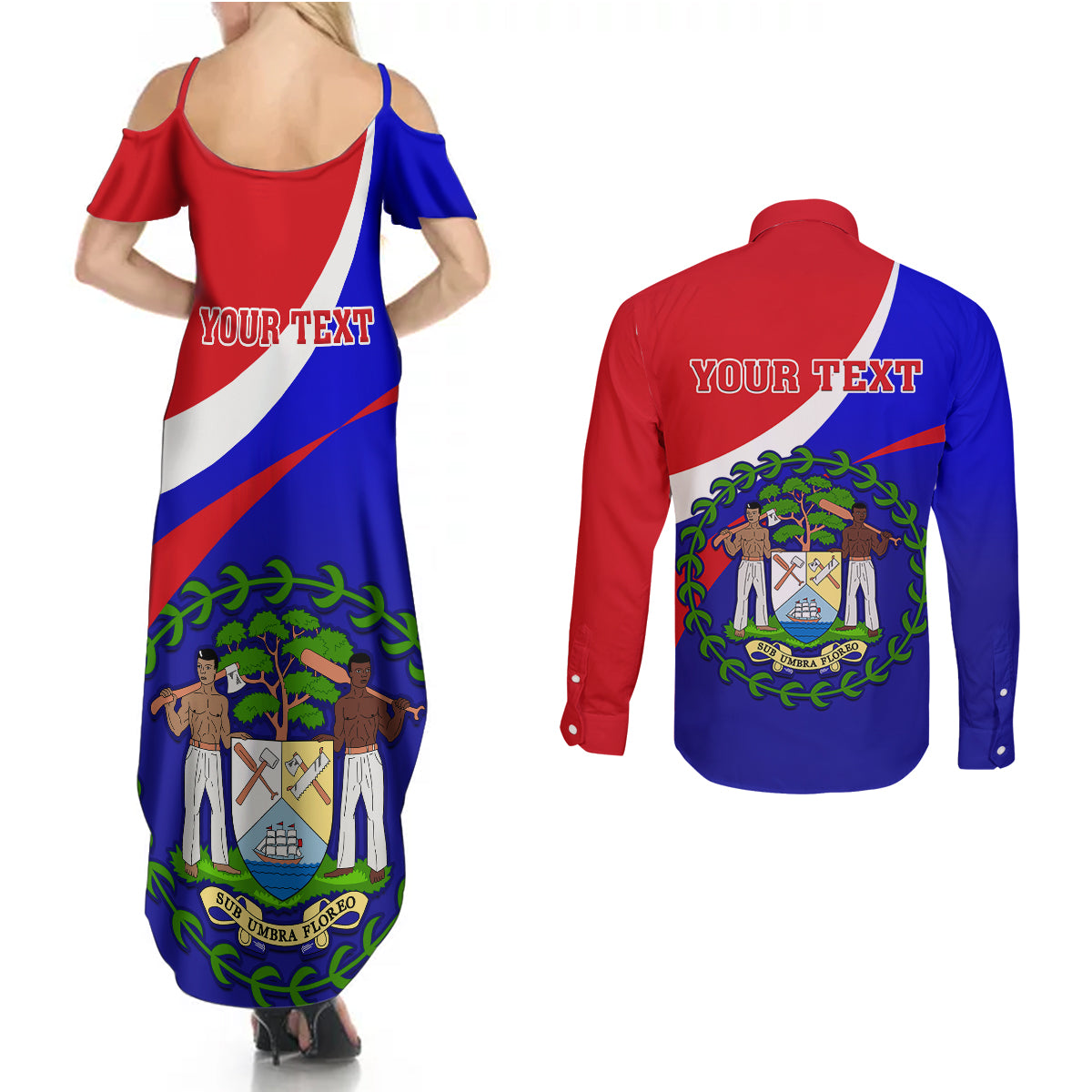Personalised Belize Independence Day Couples Matching Summer Maxi Dress and Long Sleeve Button Shirts Coat Of Arms Curve Style - Wonder Print Shop