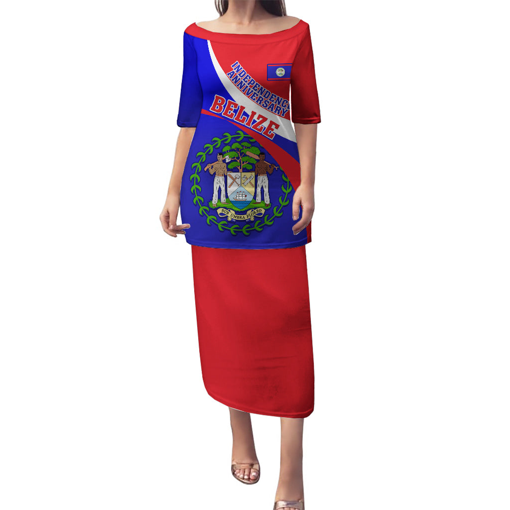 Personalised Belize Independence Day Puletasi Coat Of Arms Curve Style - Wonder Print Shop