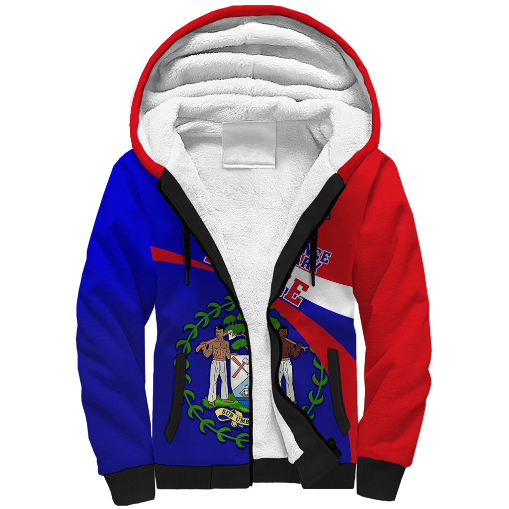 Personalised Belize Independence Day Sherpa Hoodie Coat Of Arms Curve Style - Wonder Print Shop