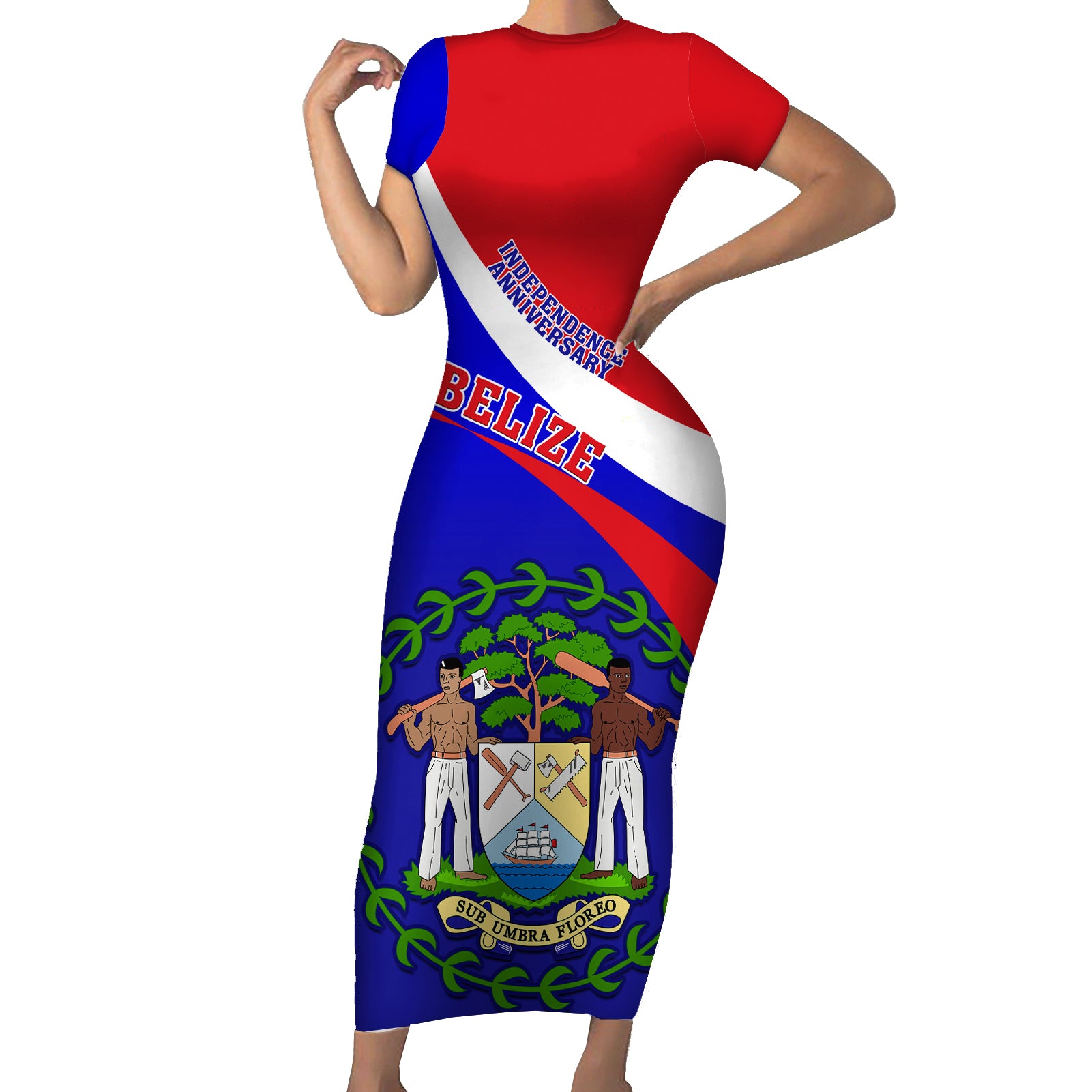 Personalised Belize Independence Day Short Sleeve Bodycon Dress Coat Of Arms Curve Style - Wonder Print Shop
