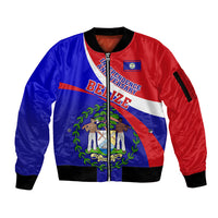 Personalised Belize Independence Day Sleeve Zip Bomber Jacket Coat Of Arms Curve Style - Wonder Print Shop