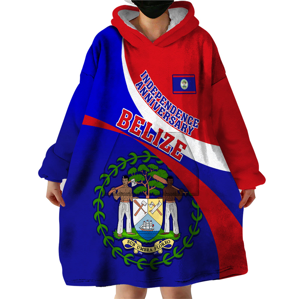 Personalised Belize Independence Day Wearable Blanket Hoodie Coat Of Arms Curve Style - Wonder Print Shop