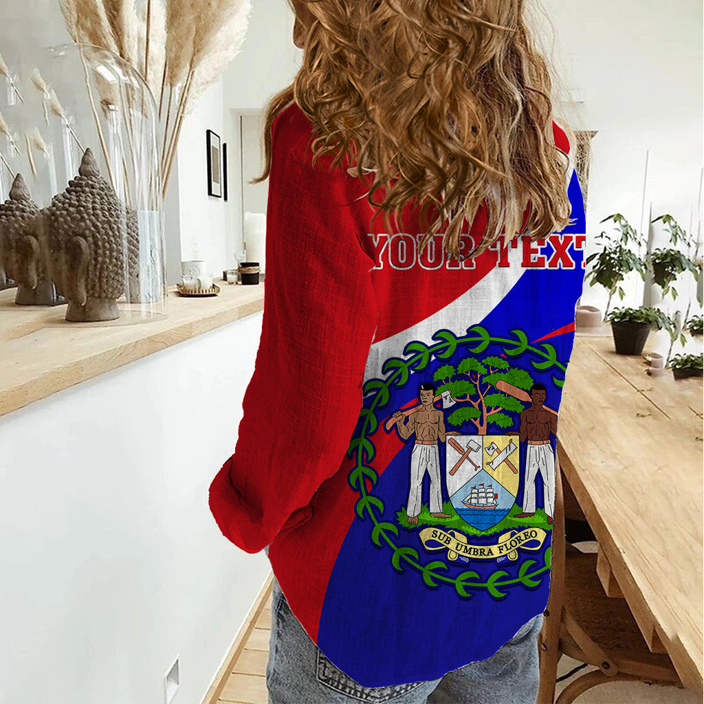 Personalised Belize Independence Day Women Casual Shirt Coat Of Arms Curve Style - Wonder Print Shop