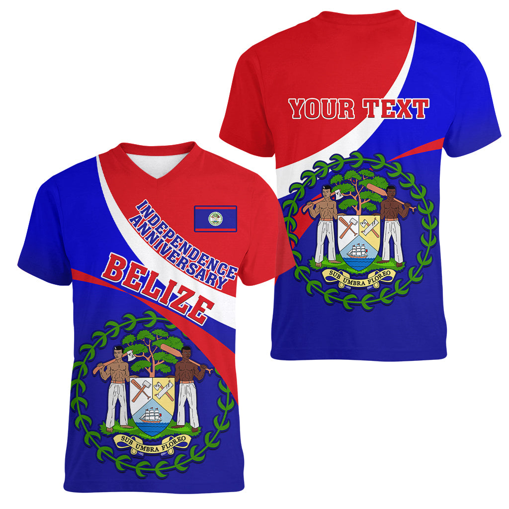 Personalised Belize Independence Day Women V Neck T Shirt Coat Of Arms Curve Style - Wonder Print Shop