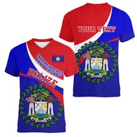 Personalised Belize Independence Day Women V Neck T Shirt Coat Of Arms Curve Style - Wonder Print Shop
