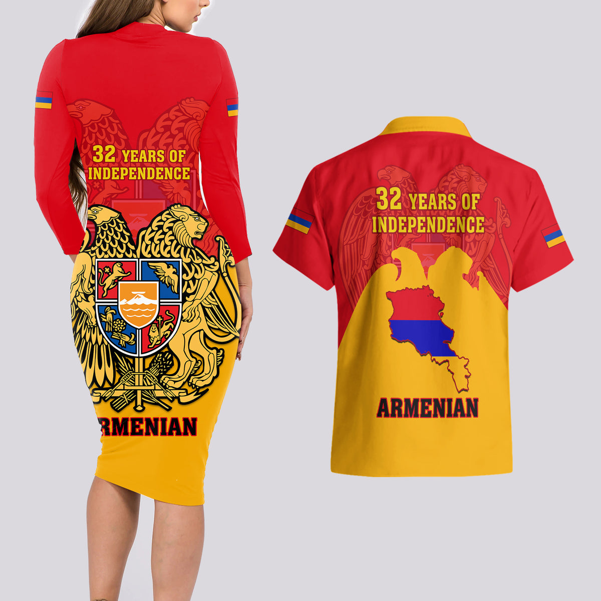Armenia Independence Day Couples Matching Long Sleeve Bodycon Dress and Hawaiian Shirt Armenian Coat Of Arms 32st Anniversary - Wonder Print Shop