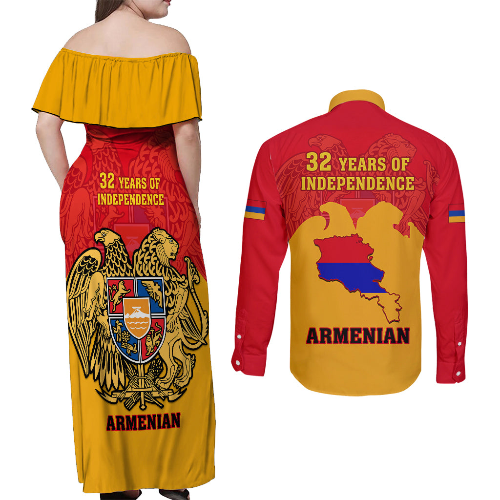 Armenia Independence Day Couples Matching Off Shoulder Maxi Dress and Long Sleeve Button Shirts Armenian Coat Of Arms 32st Anniversary - Wonder Print Shop