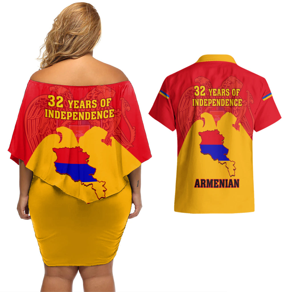 Armenia Independence Day Couples Matching Off Shoulder Short Dress and Hawaiian Shirt Armenian Coat Of Arms 32st Anniversary - Wonder Print Shop