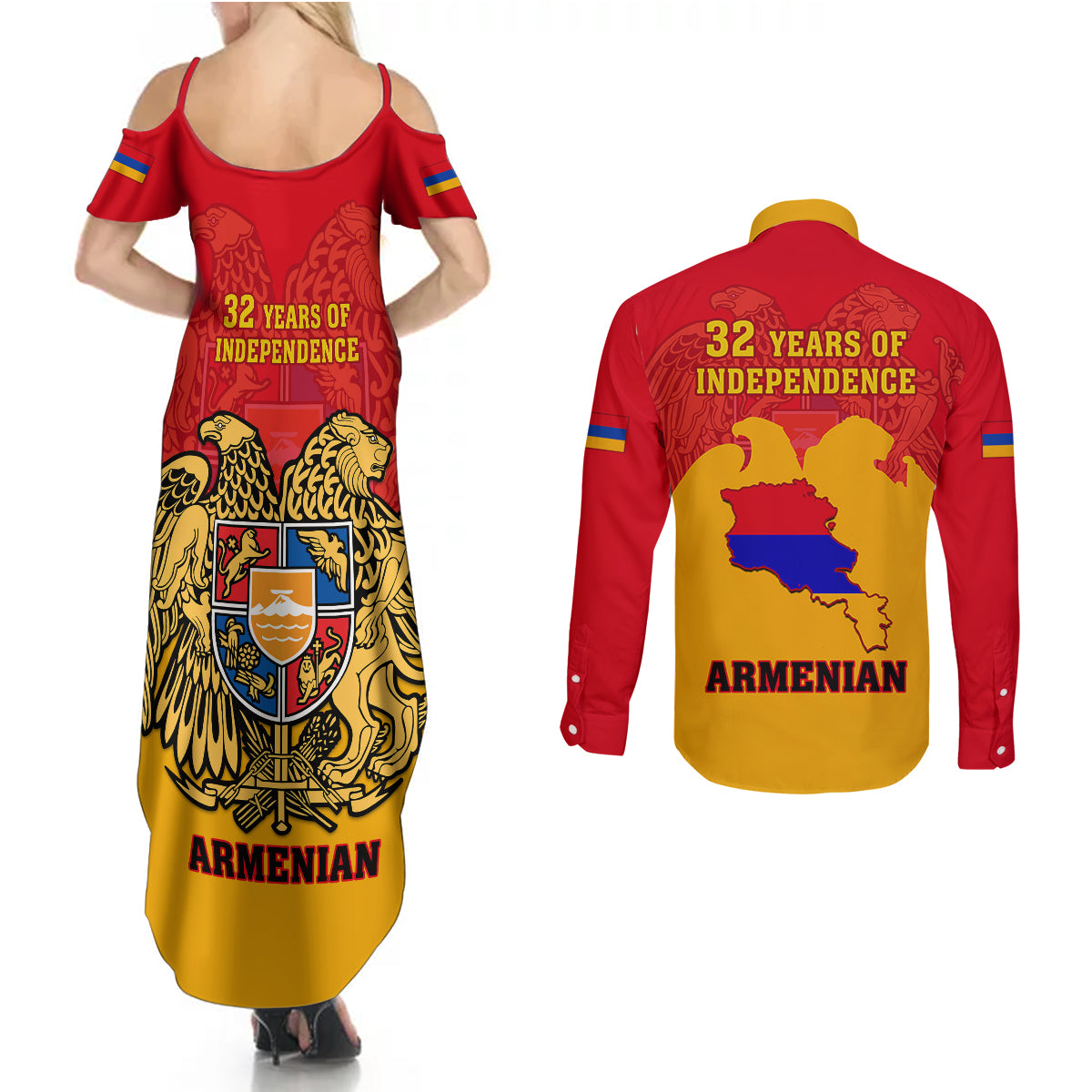 Armenia Independence Day Couples Matching Summer Maxi Dress and Long Sleeve Button Shirts Armenian Coat Of Arms 32st Anniversary - Wonder Print Shop