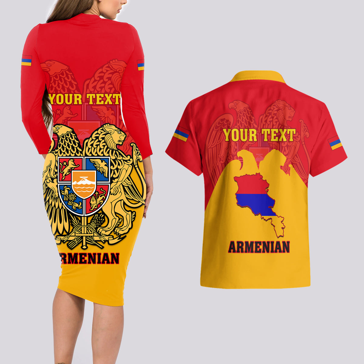 Personalised Armenia Independence Day Couples Matching Long Sleeve Bodycon Dress and Hawaiian Shirt Armenian Coat Of Arms 32st Anniversary - Wonder Print Shop
