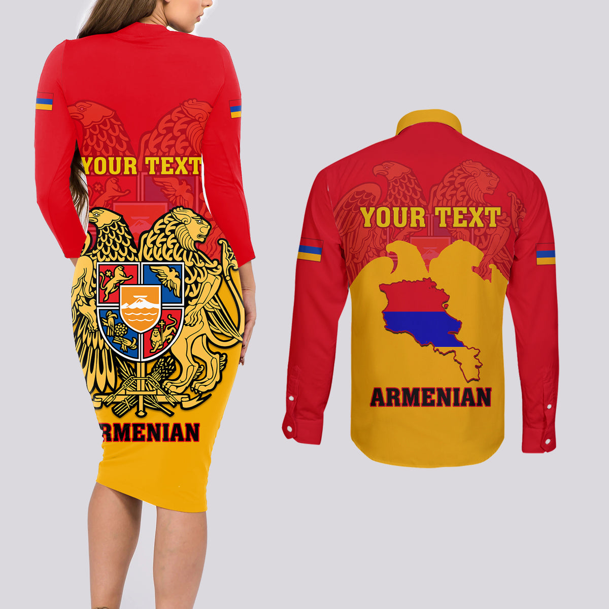 Personalised Armenia Independence Day Couples Matching Long Sleeve Bodycon Dress and Long Sleeve Button Shirts Armenian Coat Of Arms 32st Anniversary - Wonder Print Shop