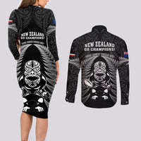 New Zealand Aotearoa Rugby Couples Matching Long Sleeve Bodycon Dress and Long Sleeve Button Shirts NZ Tiki With Maori Fern World Cup Black Version - Wonder Print Shop