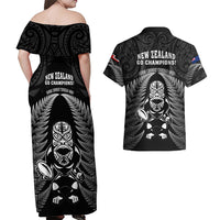 New Zealand Aotearoa Rugby Couples Matching Off Shoulder Maxi Dress and Hawaiian Shirt NZ Tiki With Maori Fern World Cup Black Version - Wonder Print Shop