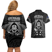 New Zealand Aotearoa Rugby Couples Matching Off Shoulder Short Dress and Hawaiian Shirt NZ Tiki With Maori Fern World Cup Black Version - Wonder Print Shop
