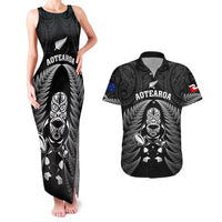 New Zealand Aotearoa Rugby Couples Matching Tank Maxi Dress and Hawaiian Shirt NZ Tiki With Maori Fern World Cup Black Version - Wonder Print Shop