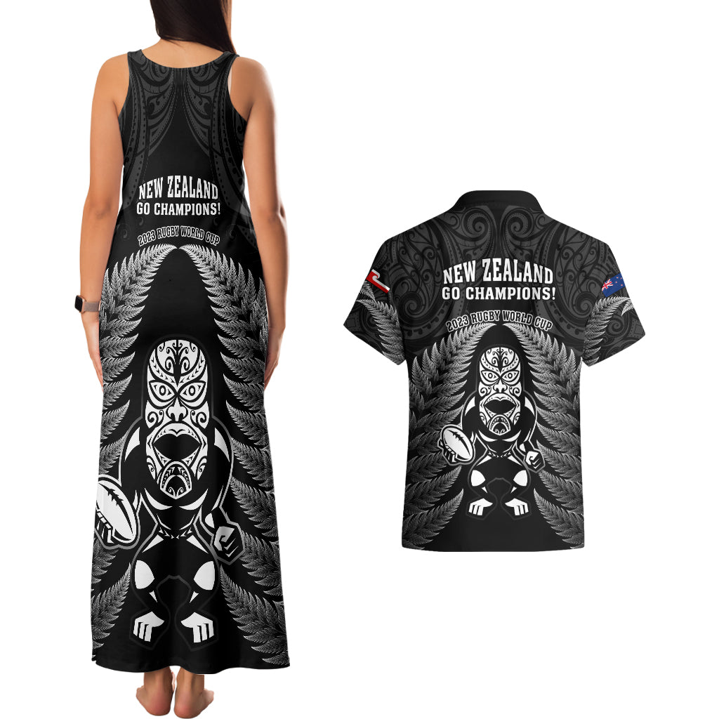 New Zealand Aotearoa Rugby Couples Matching Tank Maxi Dress and Hawaiian Shirt NZ Tiki With Maori Fern World Cup Black Version - Wonder Print Shop
