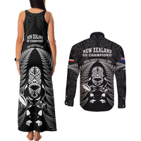 New Zealand Aotearoa Rugby Couples Matching Tank Maxi Dress and Long Sleeve Button Shirts NZ Tiki With Maori Fern World Cup Black Version - Wonder Print Shop