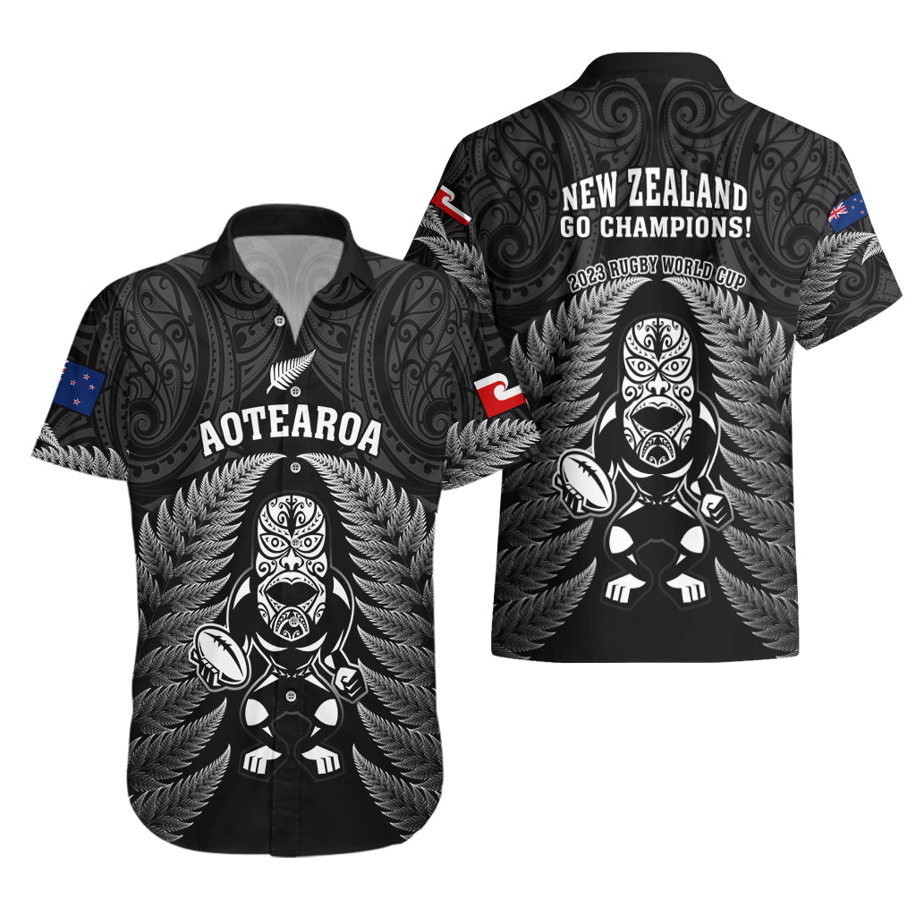 New Zealand Aotearoa Rugby Hawaiian Shirt NZ Tiki With Maori Fern World Cup Black Version - Wonder Print Shop